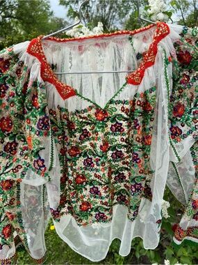 Ie 🇷🇴 Hand Crafted White Mesh Blouse with Multicolor Floral Embroidery